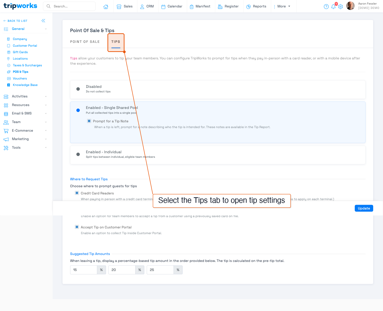 Tips tab showing Tip Type, Where to Request Tips, and Suggested Tip Amounts sections