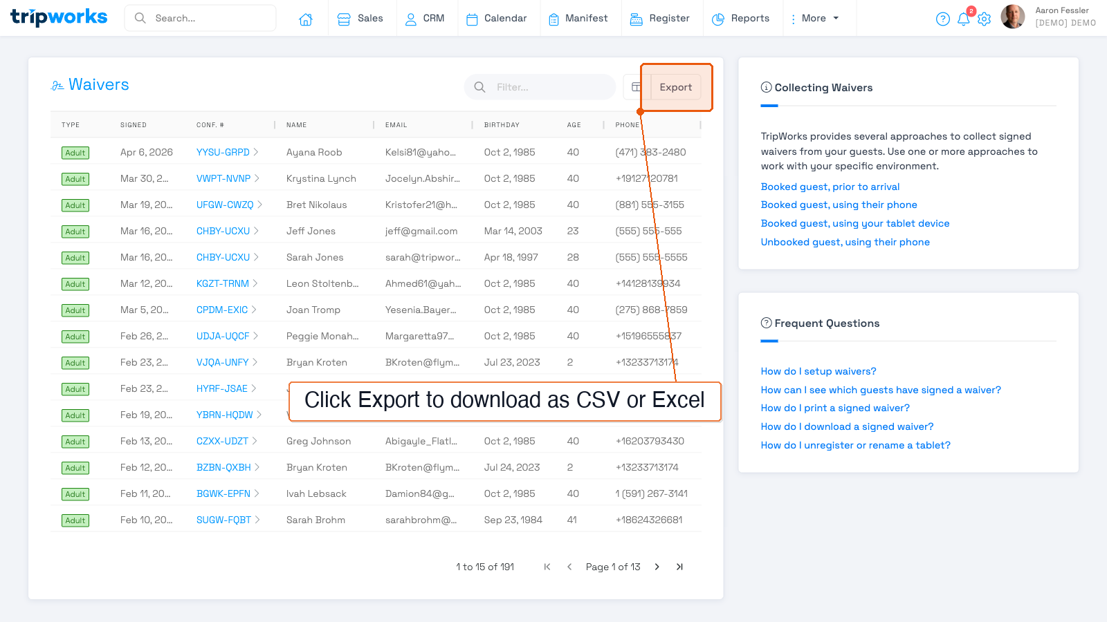 Export button in the upper-right corner of a list page