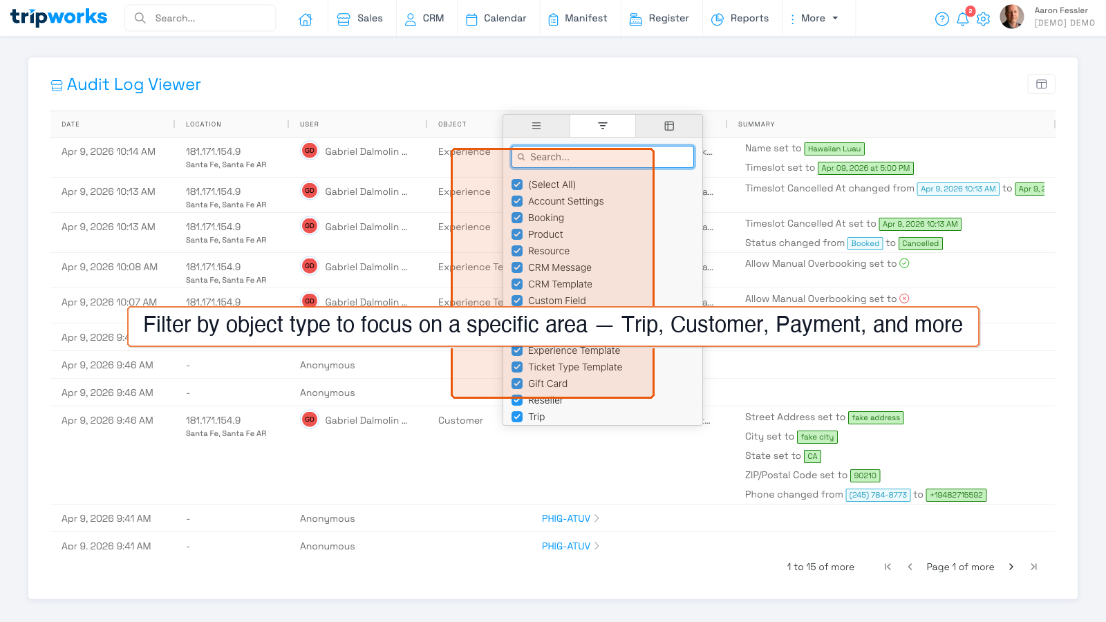 Object type filter showing available types including Trip, Customer, Booking, Payment, and more