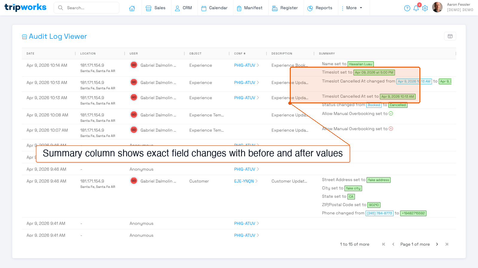 Audit Log Viewer showing recent entries with before and after field values in the Summary column
